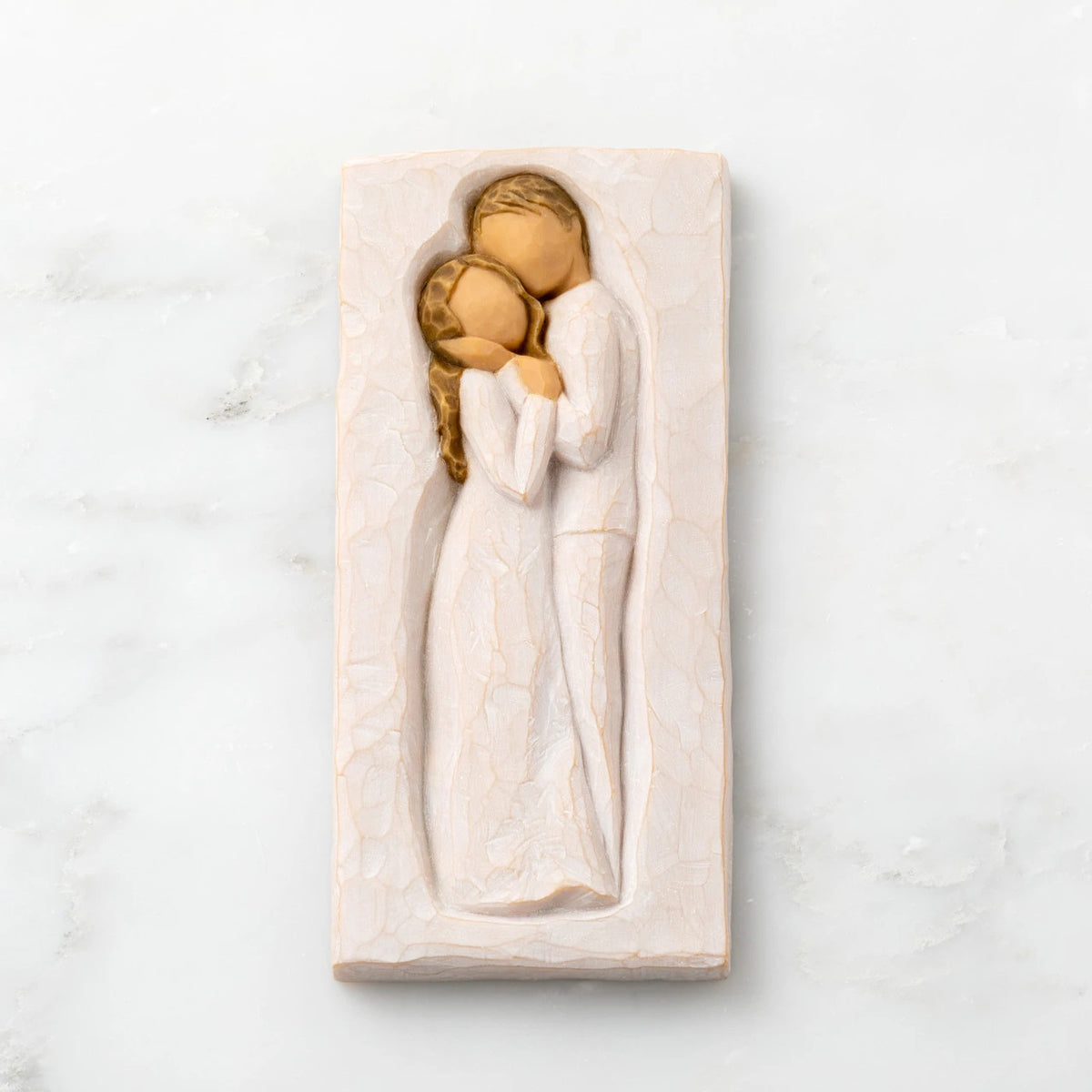 Willow Tree Embrace Plaque, 5.75”h x 2.68”w x .5”d hand-painted resin bas-relief carving of embracing couple