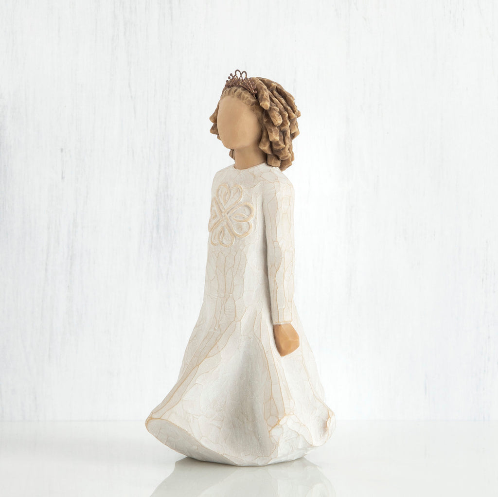 Side view of brunette woman wearing white dress standing up
