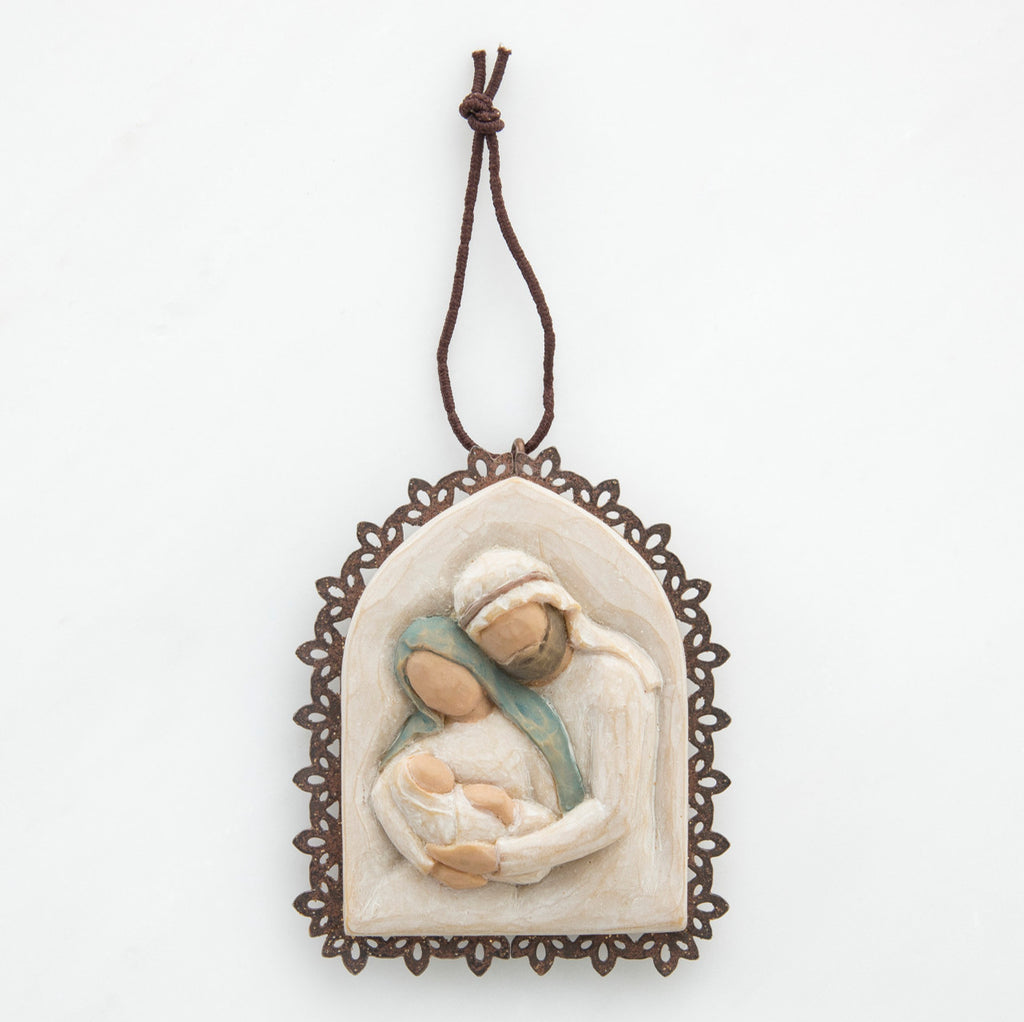 Hanging pendant - wooden branch outline - cream center with image of mary and joseph clutching baby